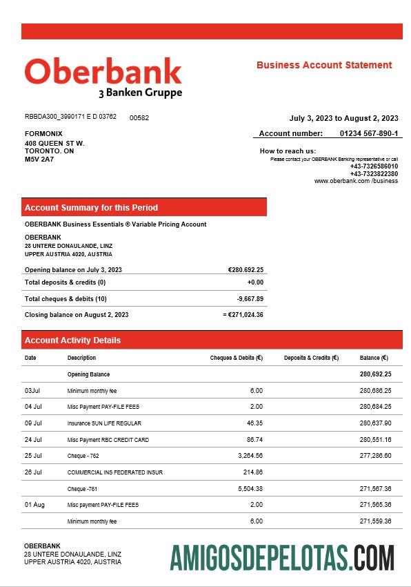 Em branco Extrato de conta corrente da Oberbank Company modelo Word e PDF
